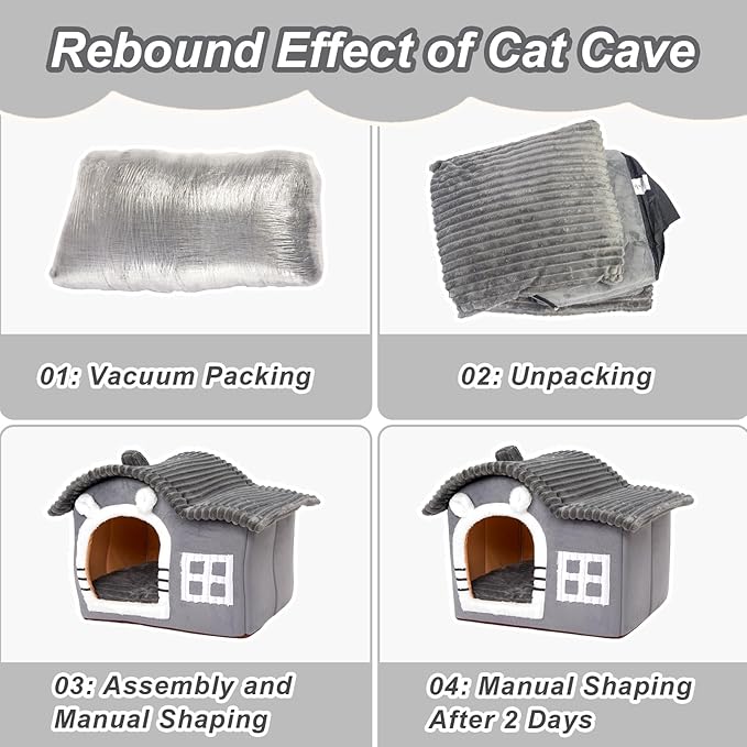 Jiupety Bear Cat Houses for Indoor Cats, Chimney Cute Cat Bed Cave, Enough Interior Space, Cartoon Soft Pet House Up to 3-7 lbs Kitten, Gray