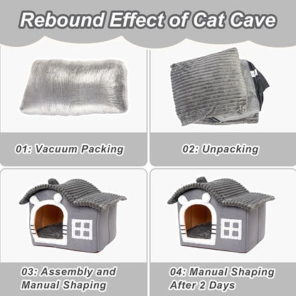 Jiupety Bear Cat Houses for Indoor Cats, Chimney Cute Cat Bed Cave, Enough Interior Space, Cartoon Soft Pet House Up to 3-7 lbs Kitten, Gray