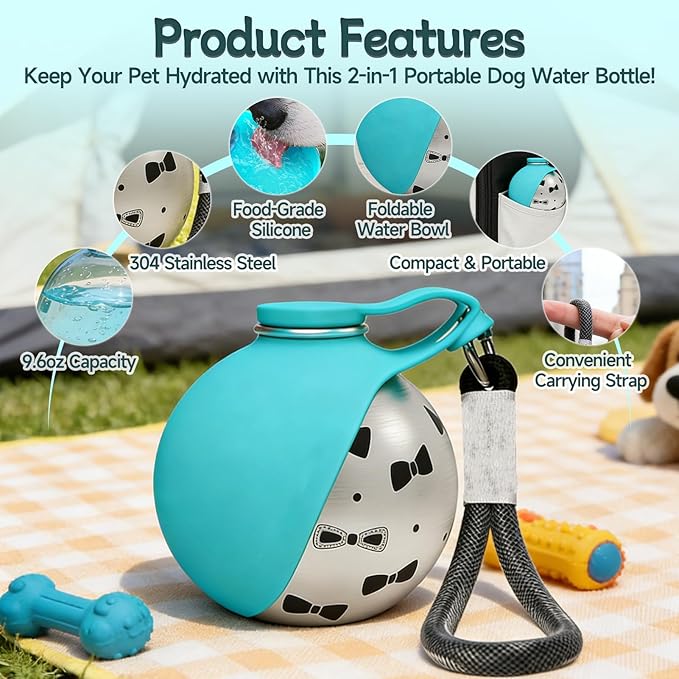 Foldable Pet Water Bottle for Travel, Reliable Dog Walking Accessories, Portable Dog Water Bowl. Leak Proof 2-in-1 Stainless Steel Dispenser, Compact Puppy Hydration Cup, Outdoor Hiking Gear