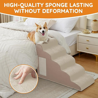 Pet Stairs, Dog Stairs for Small Dogs, Dogs Steps, 5-Step Curved Dog Ramp for Bed, Couch, Sofa, Car and Chairs, Non-Slip Bottom Design, Cat Scratching Board, High Density Foam Portable Pet Step, Beige