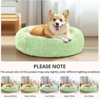 JOLLYVOGUE Small Dog & Cat Beds for Indoor Cats, Donut Cuddler Warming Soft Dog Beds with Anti-Slip Bottom, Round Calming Fluffy Plush Faux Fur Cushion Bed for Large Dogs (36", Light Green)