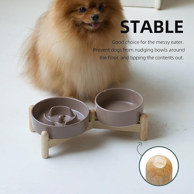 Ceramic 0.9 Cup Raised Slow Feeder Dog Bowl Set, Elevated 5.1inch Water Bowl and 6.1inch Puzzle Slow Pet Food Dish with Wooden Stand for Small Dog and Cat (2 x Brown Coffee+ Stand)