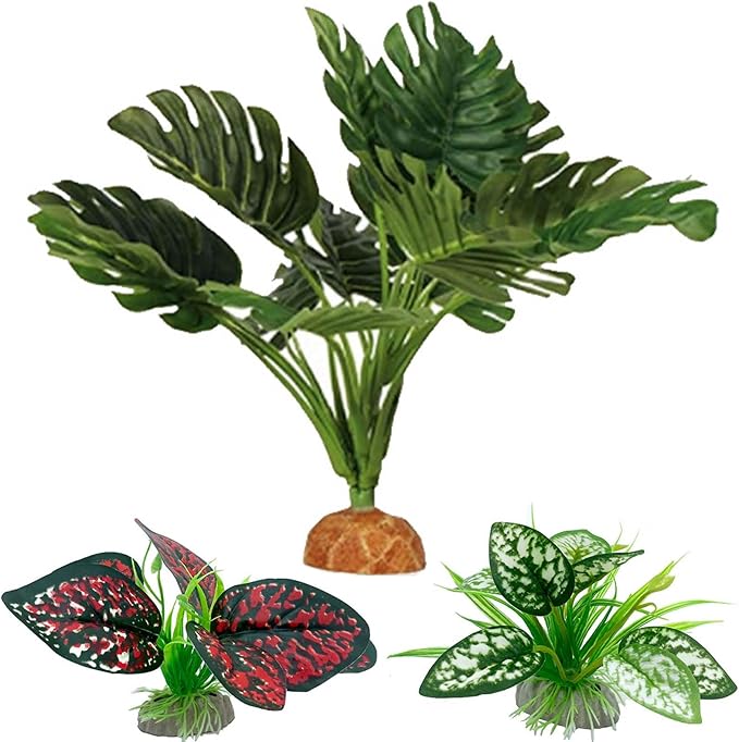 Moonorange Reptile Artificial Plants, Terrarium Plants Decorations Supplies, Aquarium Fish Tank Plant, Amphibian Habitat Hideout Tank Accessories(L Set-3pcs/A)