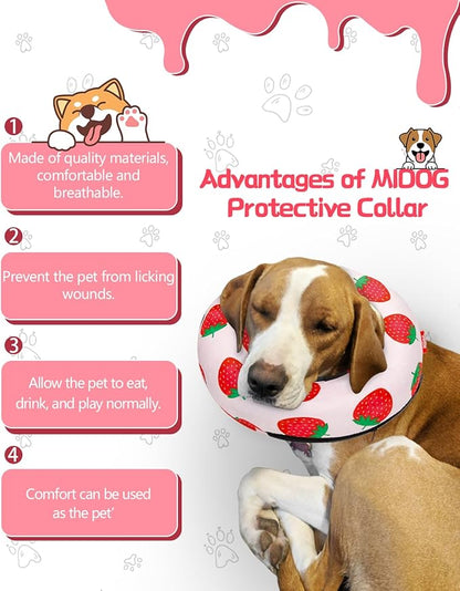MIDOG Inflatable Dog Cone Alternative for After Surgery - Soft Protective Donut Collar Prevents Licking, Comfortable Recovery E-Collar Alternative for Small Medium Large Dogs (Strawberry,S)
