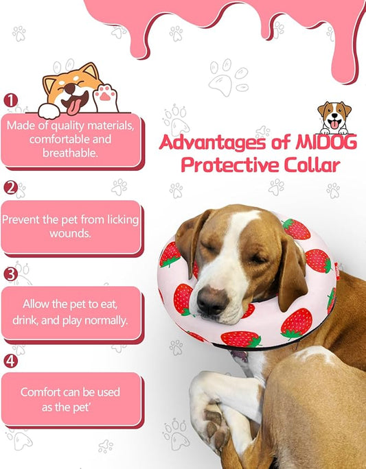 MIDOG Inflatable Dog Cone Alternative for After Surgery - Soft Protective Donut Collar Prevents Licking, Comfortable Recovery E-Collar Alternative for Small Medium Large Dogs (Strawberry,XS)