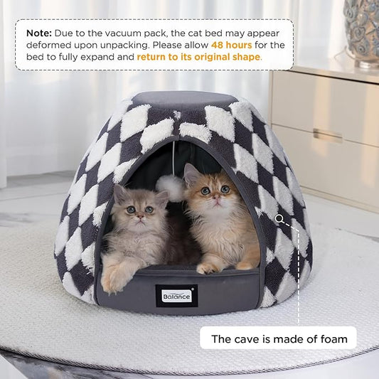 BALANCE Cat Beds for Indoor Cats, 2-in-1 Cat Bed Cave with Anti-Slip Bottom and Ultra-Soft Plush, Cozy Cats House Tent for Kittens and Small Dogs, 19 Inches, Dark Grey