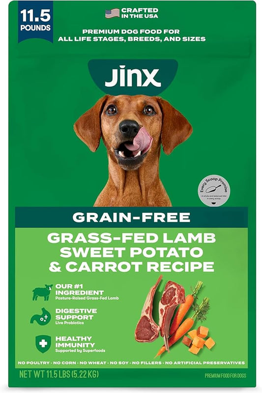 Jinx Premium Grain-Free Dry Dog Food, for All Lifestages - Grass-Fed Lamb, Sweet Potato & Carrot Dog Food with Superfoods for Immune Support & Probiotics for Digestive Support - No Fillers - 11.5lb