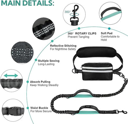 Hands Free Dog Leash with Pouch, Double Leash for Two Dogs, Retractable Bungee with Double Padded Handles, Waist for Dog Walking, Running for Dogs, Dog Walking Accessories