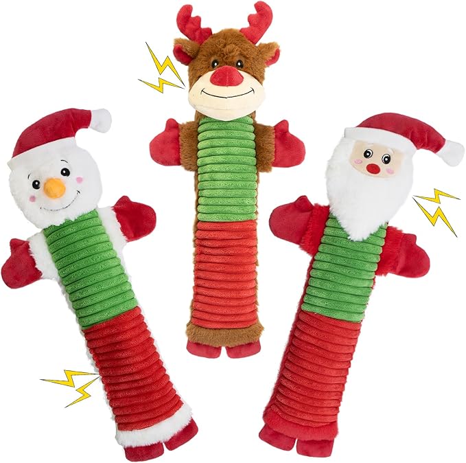 Christmas Squeaky Dog Toys- 3 Pack No-Stuffing Dog Chew Toys with Crinkle and Squeaker- Elk, Santa Claus, Snowman Chew Toys to Keep Them Busy, Tug of War Toys for Medium and Large Dogs