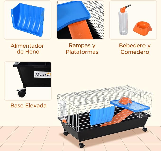 PawHut 35" L Small Animal Cage, Rolling Bunny Cage, Guinea Pig Cage with Food Dish, Water Bottle, Hay Feeder, Platform, Ramp for Chinchilla, Black