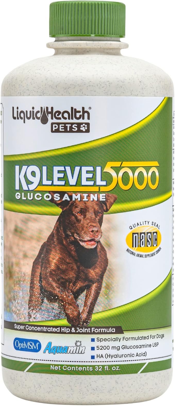 LIQUIDHEALTH Pets K9 Liquid Glucosamine Level 5000 for Large Dogs with Chondroitin, MSM, Boswellia Serrata - Dog Hip & Joint Health Vitamins for Dog Joint Pain, Pet Joint Oil Juice - USA Made (32 oz)