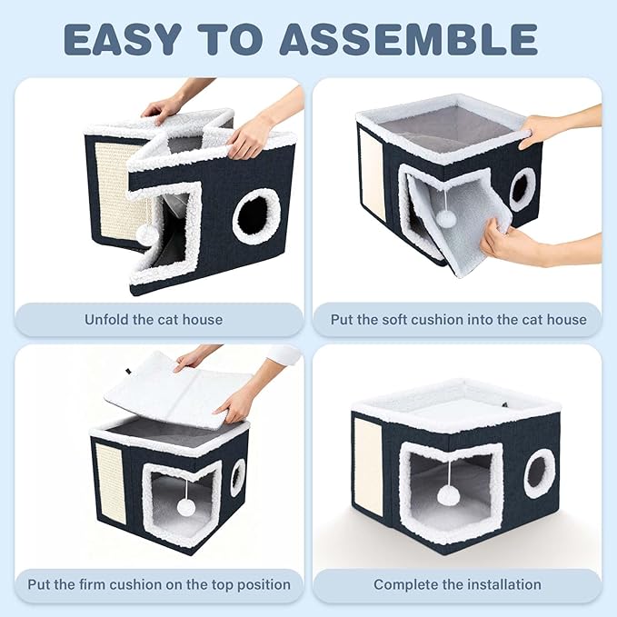 Cat Beds for Indoor Cats,Cat Cave,Cat Scratch House,Foldable Cat Cave Bed for Large and Small Pets,Fluffy Ball and Scratch Pad,16.14x16.14x12.2in,Navy Blue