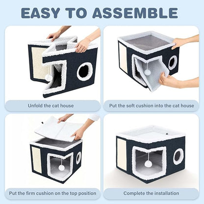 Cat Beds for Indoor Cats,Cat Cave,Cat Scratch House,Foldable Cat Cave Bed for Large and Small Pets,Fluffy Ball and Scratch Pad,16.14x16.14x12.2in,Navy Blue