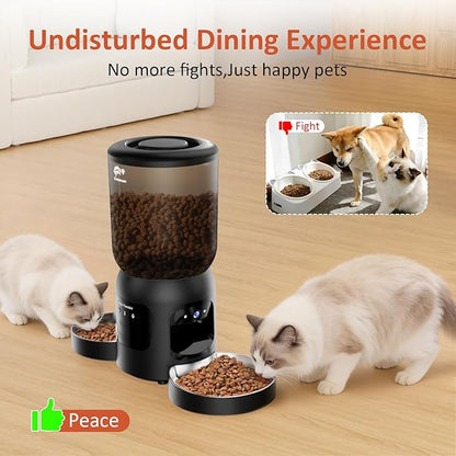 Automatic Cat Feeder with Camera for 2 Cats, 2K HD Video with Night Vision, 5G/2.4G WiFi with 2-Way Audio, Timed Automatic Cat Feeders for Cat & Dog, Dual Power, Black