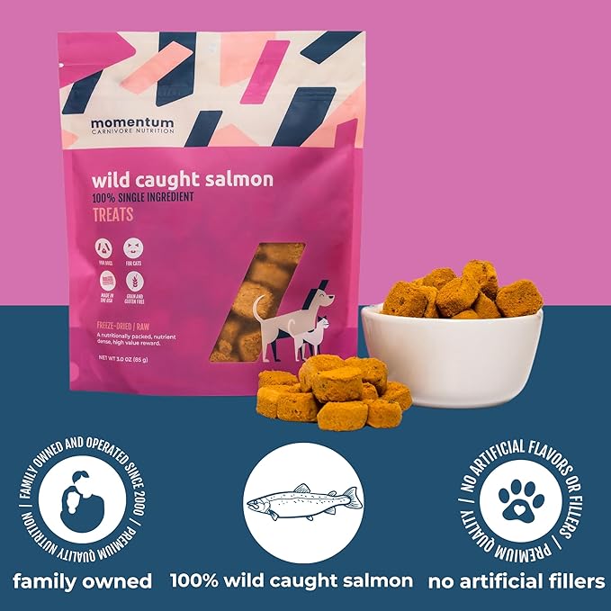 Momentum Carnivore Nutrition Freeze-Dried Wild-Caught Salmon Dog Treats & Cat Treats – Single-Ingredient, High-Protein, Grain-Free, Natural Source of Omega-3s – Made in USA – 3 oz Bag