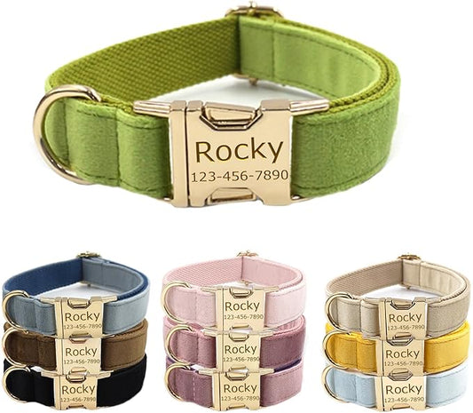 Personalized Velvet Dog Collars with Pet Name Phone Number Engraved, Custom Adjustable Soft Collar with Metal Buckle for Small Medium Large Dogs, Dog Leash and Bow Tie Available -Green