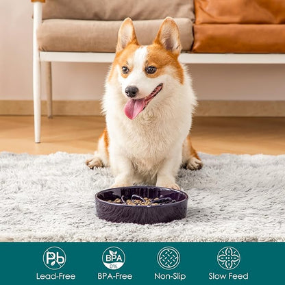 vancasso Ceramic Slow Feeder Dog Bowls, Puzzle Dog Food Bowls with Floral Maze, Anti -Slip Pet Food Dish for Medium Breed, 1.5 Cups, Purple