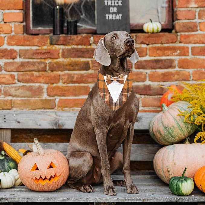 Fall Dog Tuxedo Bandana, Orange Plaid Pet Collar with Bowtie, Adjustable Halloween Thanksgiving Dog Tux Costume for Small Medium Large Pets