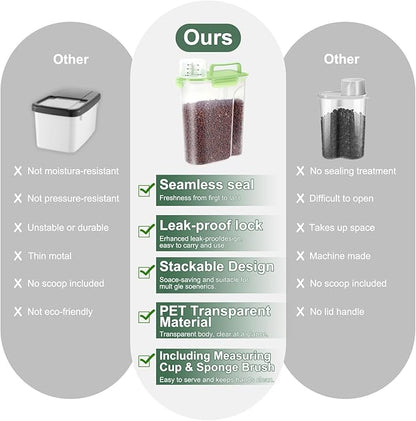 5-7Lbs/6Qt Dog Cat Storage Container Portable with Upgraded Large Spout and Cup, Plastic Pet Food Dispenser for Small Animal Kibble, Bird Seed, Oatmeal, Rice, Flour, Brown Sugart (Clear Green)