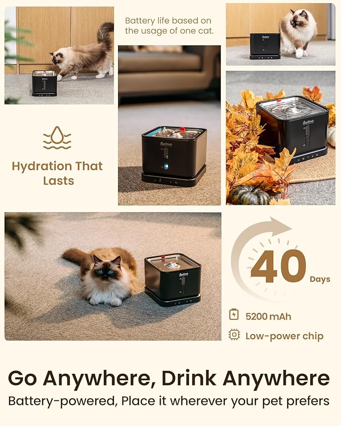 Cordless Cat Water Fountain, 3L/100oz Stainless Steel Tray, Cat Fountains for Drinking, Pet Water Fountains Indoor, Automatic Dog Water Bowl Dispenser, Rechargeable Battery Operated Black