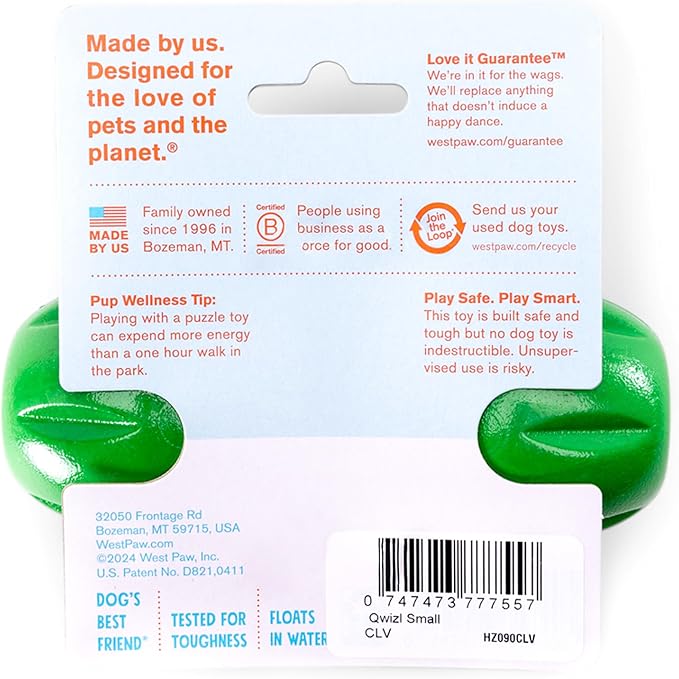 West Paw Qwizl Treat Dispensing Dog Toy for Tough Chewers- Durable Long Lasting Chew and Fetch Toy Keeps Dogs Engaged- Dishwasher Safe Safe Materials Made in USA - Clover Green, Small