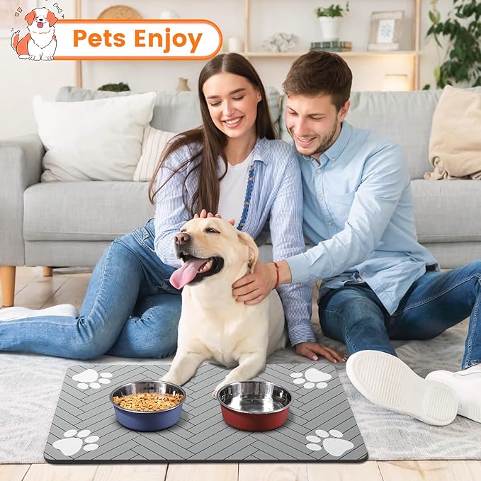 Pet Feeding Mat-Absorbent Pet Placemat for Food and Water Bowl, with Waterproof Rubber Backing, Quick Dry Water Dispenser Mat for Dog and Cat (27"x17", Striped Light Gray)