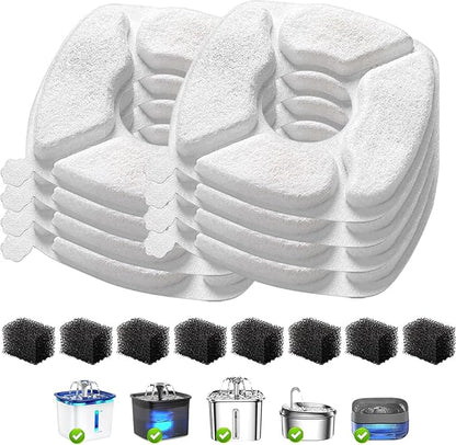 16 Pcs Cat Water Fountain Replacement Filters-8 Pack Cat Fountain Filters with 8 Pack Sponges, Enhanced Compatibility Pet Fountain Filter Fit for 95oz/2.8L 135oz/4L 67oz/2L Pet Drinking Fountain