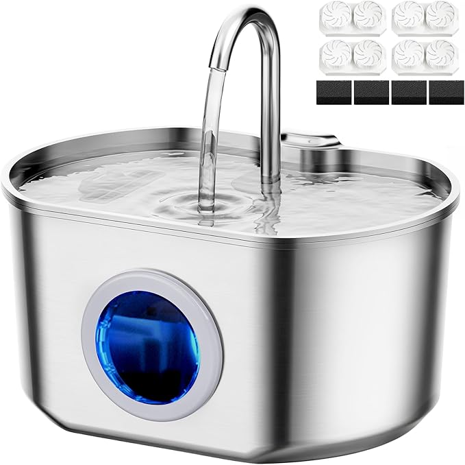 Cat Water Fountain Stainless Steel: 74oz/2.2L Cat Fountain for Drinking- Pet Water Fountain Inside - Automatic Dog Watering Dispenser Bowl - Pet Feeding & Watering Supplies (4 Filters)