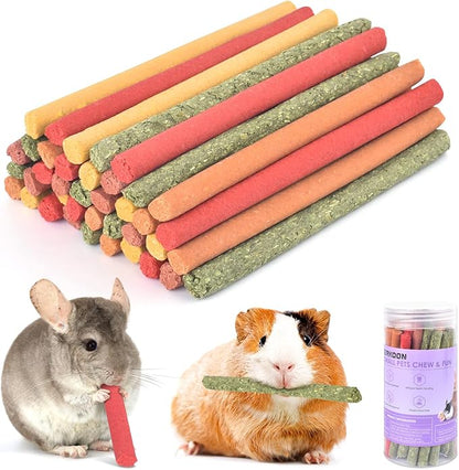 ERKOON 40Pcs Rabbit Timothy Hay Sticks, Five Flavors：PurplePotato/TimothyHay/Pumpkin/Strawberry/Carrot，Suitable Guinea Pig, Hamste, Gerbil, Chinchilla Treats, Chew Toys for Teeth for Bunnies ﻿