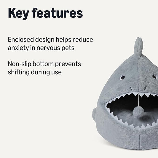 Amazon Basics Cat House Shark Shape Cat Cave Bed for Indoor Cats, Cat Tent with Washable Cushioned Pillow, Kitten Lively Bed, 17x16x14 in,Grey