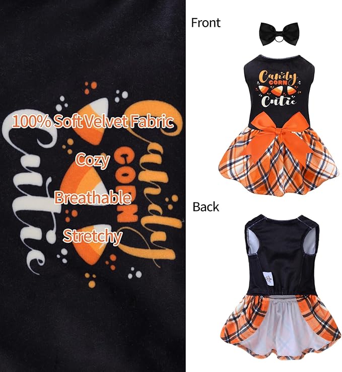CuteBone Halloween Dog Dresses Velvet Holiday Small Dogs Clothes Onesie Pet Apparel Girl Puppy Skirt with Bow Hair Rope CVA45L-D