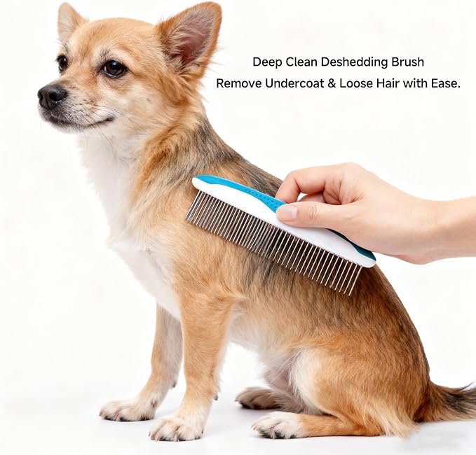 4 Pack Pet Grooming Kit - Deshedding Rake, Fine Tooth Comb, Grooming Gloves & Bath Brush for Dogs,Cats and Horses - Skin Friendly Deshedding Grooming Tool (Blue)