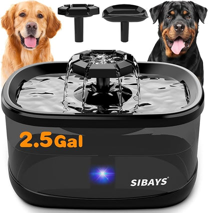 SIBAYS 2.5Gal/9.5L Dog Water Fountain, 3 Flow Modes Pet Water Fountain for Cats, Dog Water Bowl Dispenser with 7" Large Filter & Ultra Quiet Pump, BPA-Free, Ideal for Large Dogs, Multi-pet(FS68)