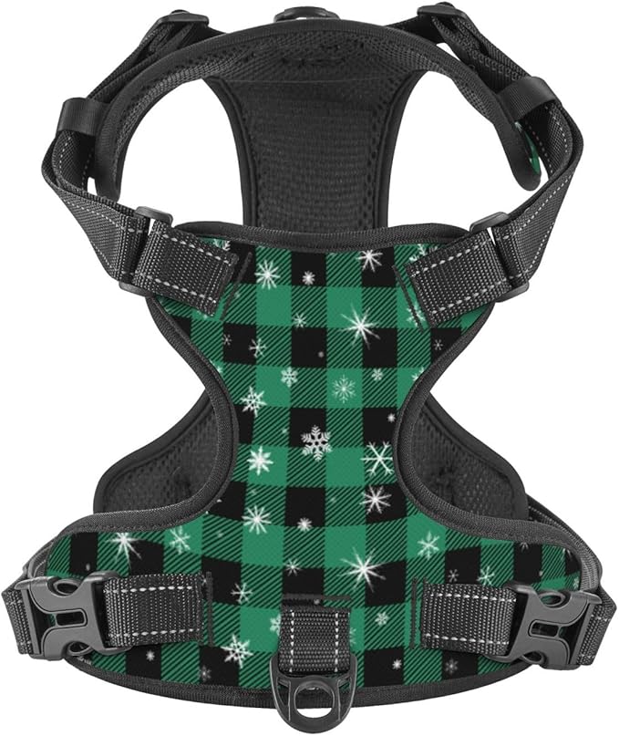 Green Plaid Snowflake Reflective Dog Harness No Pull Soft Vest Harness for Small Medium Large Dog Puppy Pets (Medium Size)