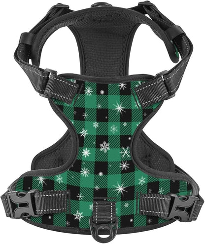 Green Plaid Snowflake Reflective Dog Harness No Pull Soft Vest Harness for Small Medium Large Dog Puppy Pets (Medium Size)