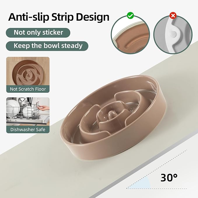 Ceramic 1.2 Cup Raised Slow Feeder Dog Bowl Set, Elevated Wooden Stand for Medium and Small Dog, 7.3inch Puzzle Slow Dish, Preventing Choking(Brown Coffee, Single Bowl+ Stand)