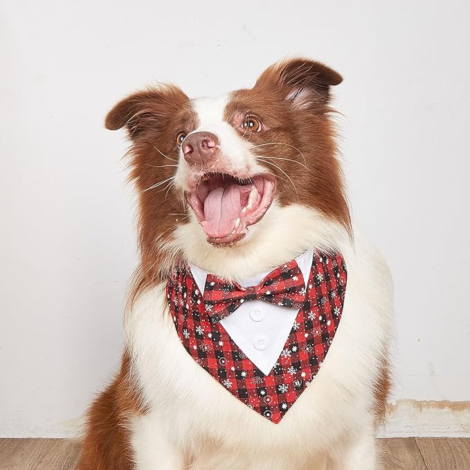 Adjustable Red Plaid Christmas Dog Tuxedo Bandana with Bow Tie - Holiday Pet Outfit Costume for Dogs XS to XL