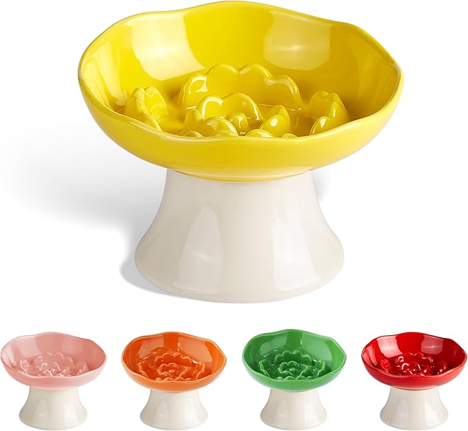 Ceramic Slow Feeder Bowl for Cats and Small Dogs, Elevated Tilted Pet Food Dish, Whisker Friendly Anti-Vomit Design, Heavy Stable Base, Dishwasher Safe， 5 Colors Options (Lemon Yellow)