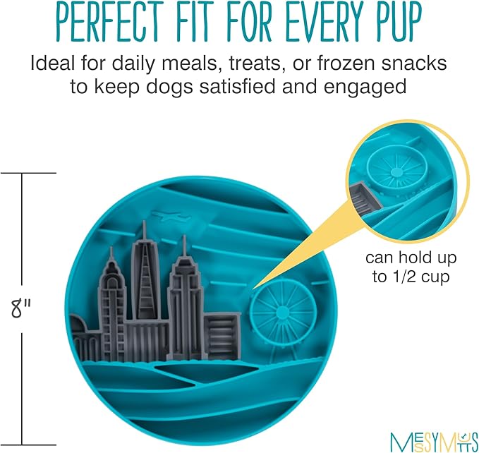 Messy Mutts and Cats Interactive Slow Feeder | Urban City Blue - 2 Cup Capacity | 8” Round Silicone Puzzle Slow Feeder for Dogs/Cats | Enrichment Food Dish for Slow Eating, Bloating