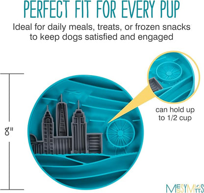 Messy Mutts and Cats Interactive Slow Feeder | Urban City Blue - 2 Cup Capacity | 8” Round Silicone Puzzle Slow Feeder for Dogs/Cats | Enrichment Food Dish for Slow Eating, Bloating