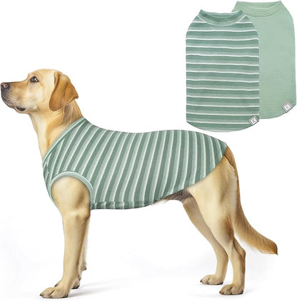 KYEESE 2Pack Waffle Dog Shirts for Large Dogs Stretchy T-Shirts Lightweight Tank Top Sleeveless Striped Shirt Vest Soft Breathable Pet Apparel, XXX-Large, Green+Striped