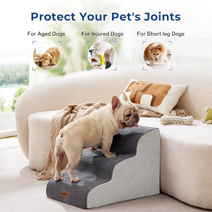 Dog Stairs Ramp for Bed 19.7" H - Pet Stairs Steps for Small to Medium Dogs to Get on Bed and Couch, 35D Foam with Non-Slip Bottom Brown, 4 Steps