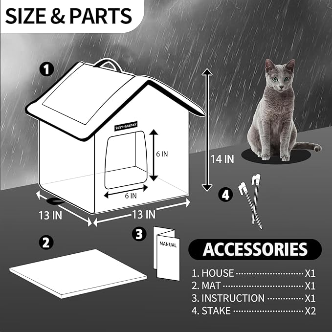 Rest-Eazzzy Cat House for Outdoor Cats, Weatherproof and Insulated Feral Cat House with Mat and Clip, Easy to Put Together, Selfwarming Cat Shelter for Winter(Olive Green, Canopy House X 1)