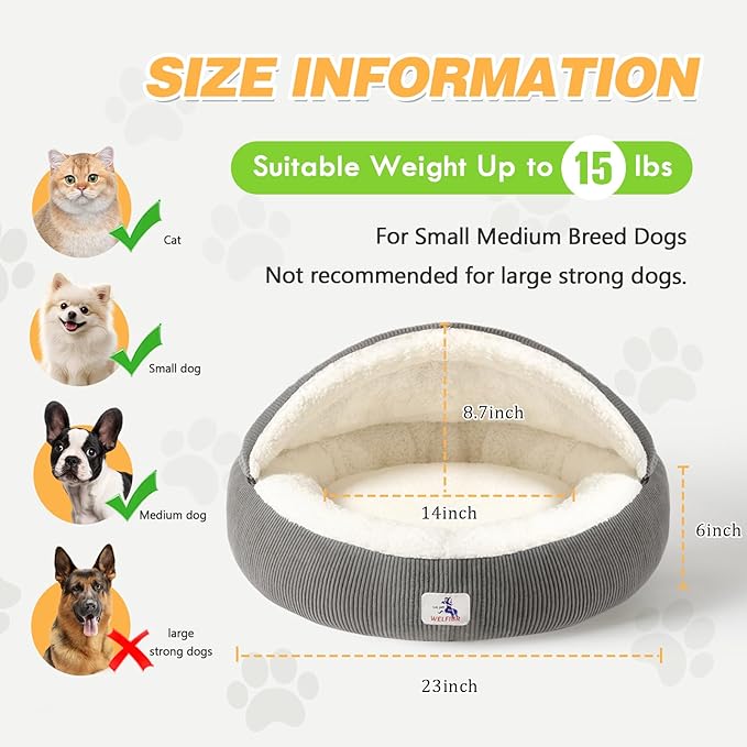 Covered Cat Bed Cave for Small Cats Dogs Washable Hooded Self Warming Cat Bed 23 inches Anti-Slip Round Fluffy Kitten Puppy Bed Noiseless Security Cat Cave Bed with Removable Cushion, Gray