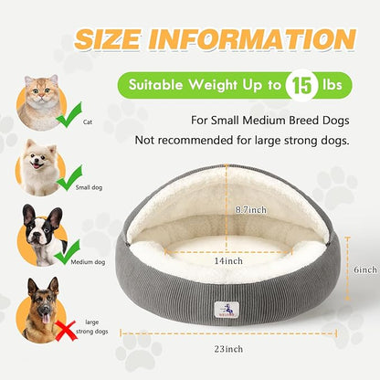 Covered Cat Bed Cave for Small Cats Dogs Washable Hooded Self Warming Cat Bed 23 inches Anti-Slip Round Fluffy Kitten Puppy Bed Noiseless Security Cat Cave Bed with Removable Cushion, Gray