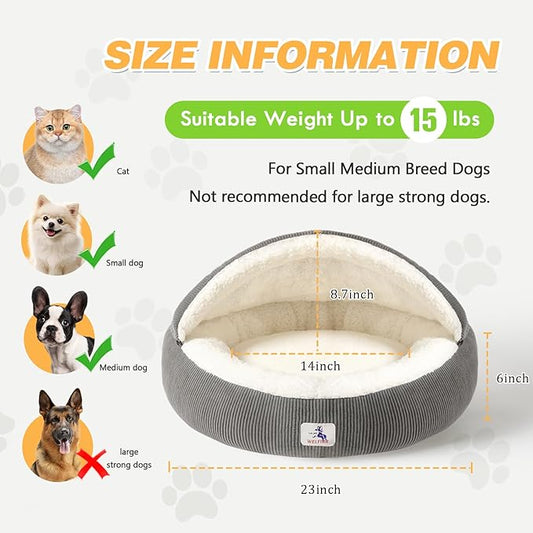 Covered Cat Bed Cave for Small Cats Dogs Washable Hooded Self Warming Cat Bed 23 inches Anti-Slip Round Fluffy Kitten Puppy Bed Noiseless Security Cat Cave Bed with Removable Cushion, Gray