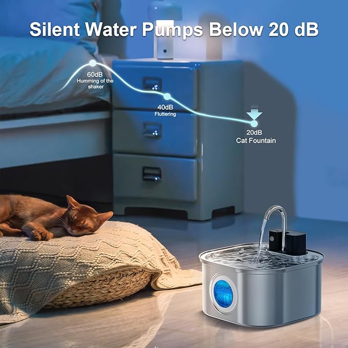 Cat Water Fountain Wireless，Stainless Steel-Rechargeable- Battery Operated Cat Water Fountain, 108oz/ 3.2l Automatic Cordless Pet Fountain ，Dog Fountain with 4200 Mah Battery