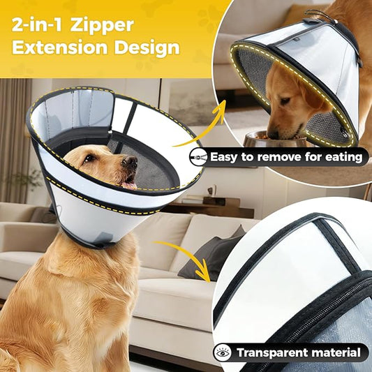 Upgraded Dog Cone Collar for Dogs After Surgery, Soft Transparent Pet Recovery Collar for Large Medium Small Dogs, Depth Adjustable Dog Cone Collar, Elizabethan Collar (XXL, Black)