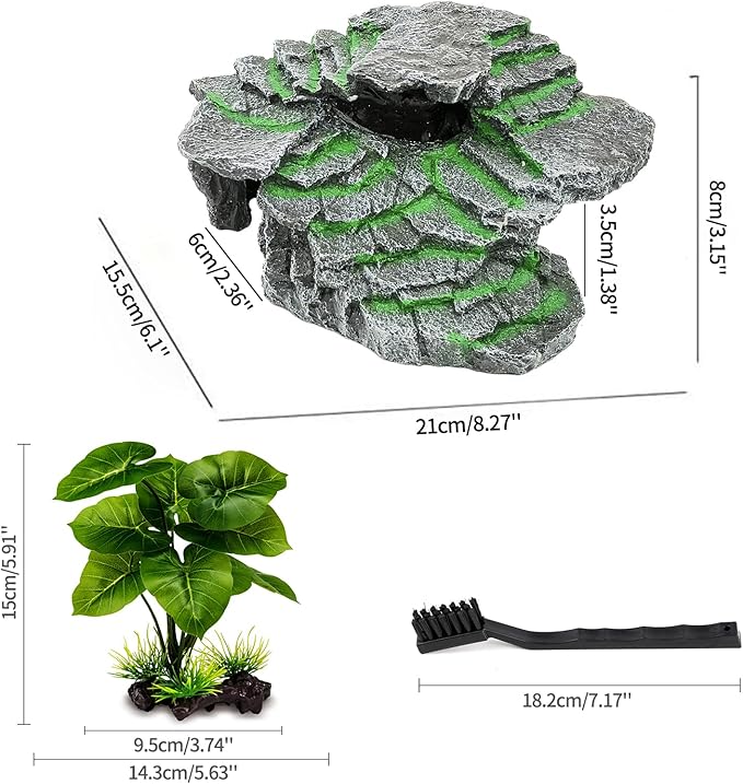 MoonOrange Turtle Basking Platform, Reptile Habitat Hideout, Decorative Resin for Aquarium & Terrarium, Including Artificial Plant and Cleaning Brush.(C-Medium-Black)