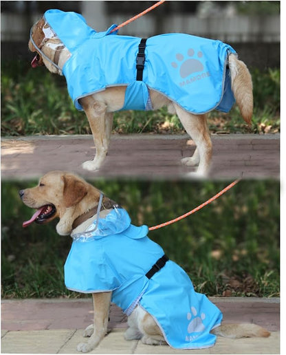 Waterproof Dog Raincoat, Reflective Adjustable Hooded Dog Rain Coat, Lightweight Breathable Pet Rain Jacket Poncho Double Layer with Leash Hole for Small Medium Large Dogs (Blue, Large)
